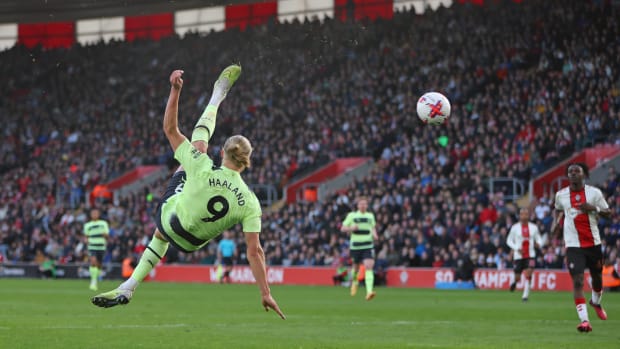 Manchester City striker Erling Haaland pictured scoring his 30th Premier League goal of the 2022/23 season with a spectacular bicycle kick finish against Southampton